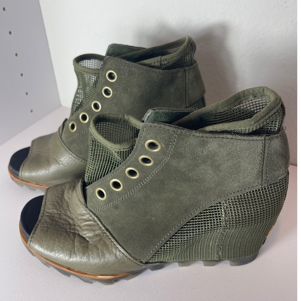 Sorel Joanie Mesh Peep Toe Wedge Sandals Olive Green Leather Womens 9.5 - Picture 4 of 9